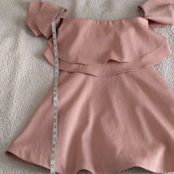 Keepsake Small Butterfly Off Shoulder Blush Pink Textured Mini Dress w/ Pockets - Picture 4 of 15